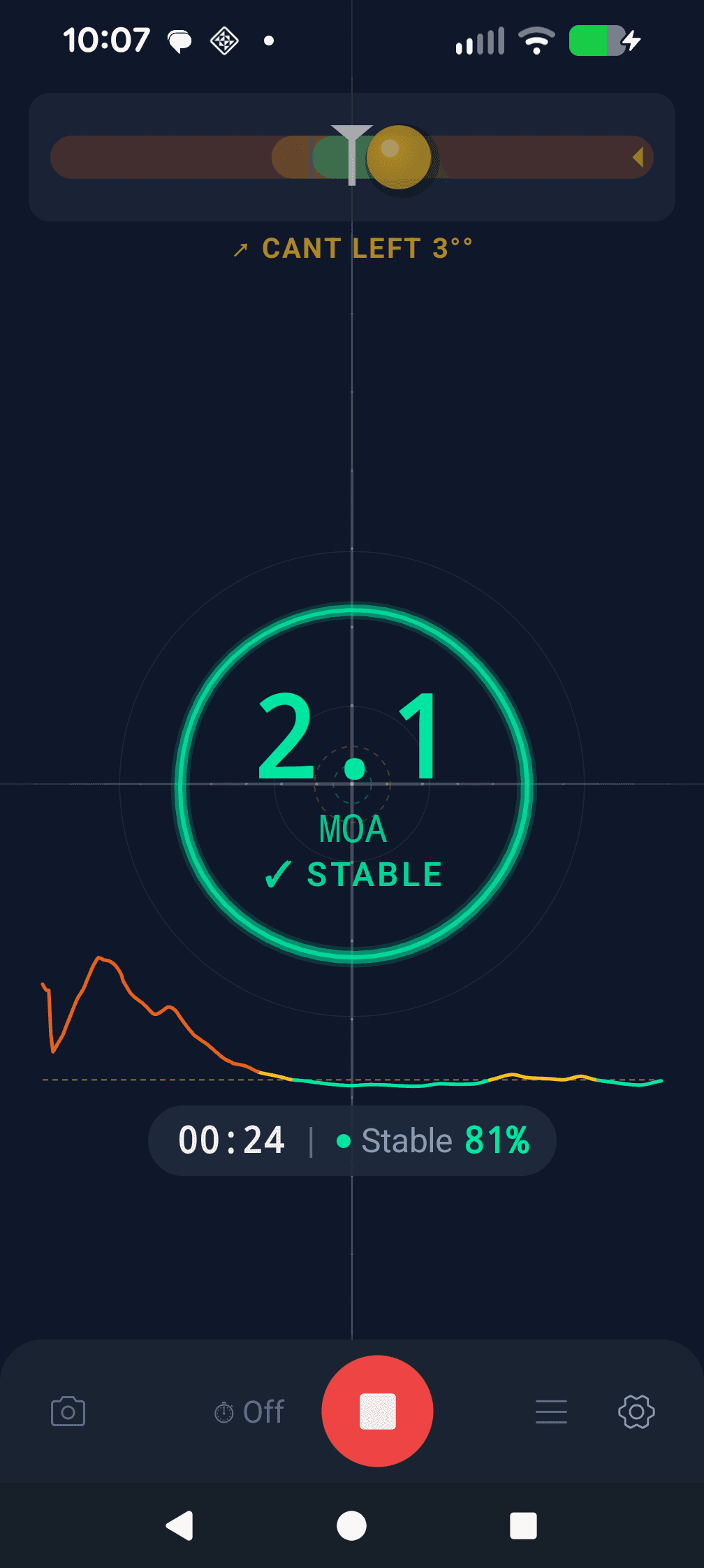 App SniperPulse Android mostrando lectura de estabilidad MOA en vivo, indicador de inclinación y trazo de oscilación